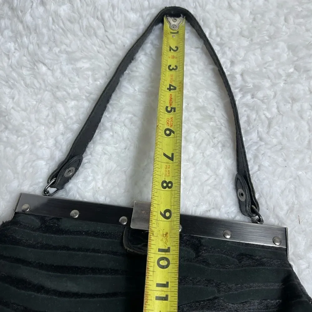 Patricia Nash Black leather & calf hair zebra Stripes silver tone frame Satchel